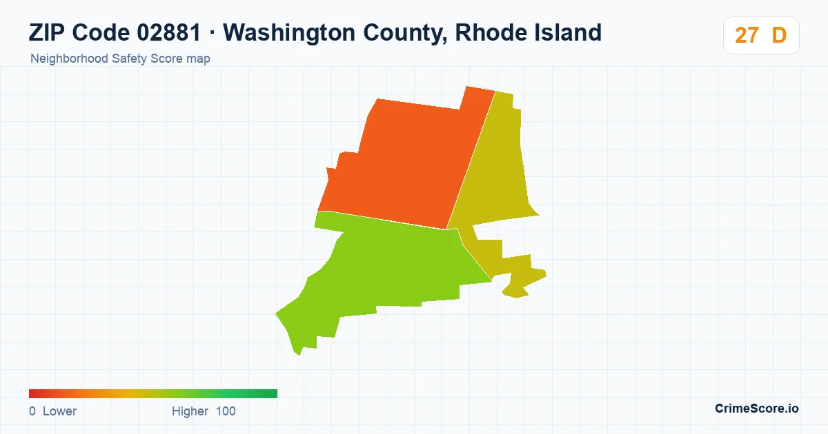 ZIP Code 02881 in Washington County, Rhode Island neighborhood Safety Score map