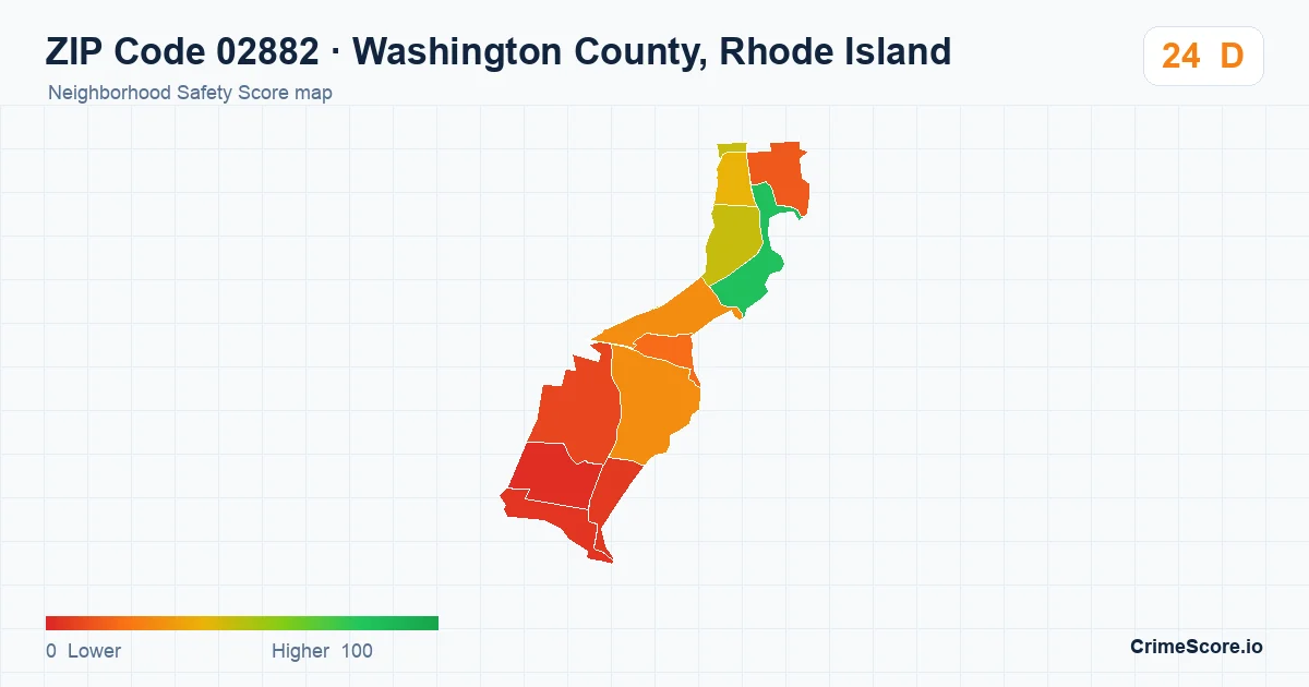 ZIP Code 02882 in Washington County, Rhode Island neighborhood Safety Score map