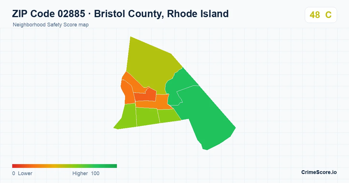 ZIP Code 02885 in Bristol County, Rhode Island neighborhood Safety Score map