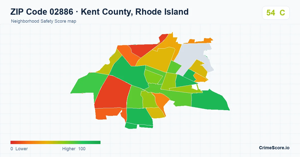 ZIP Code 02886 in Kent County, Rhode Island neighborhood Safety Score map