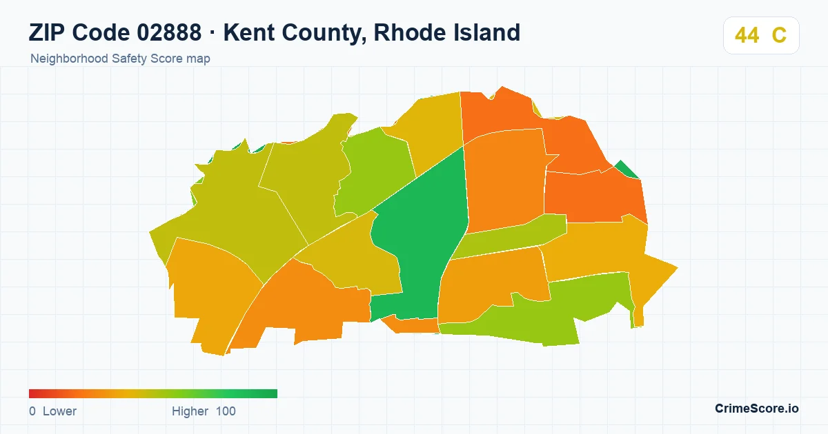 ZIP Code 02888 in Kent County, Rhode Island neighborhood Safety Score map
