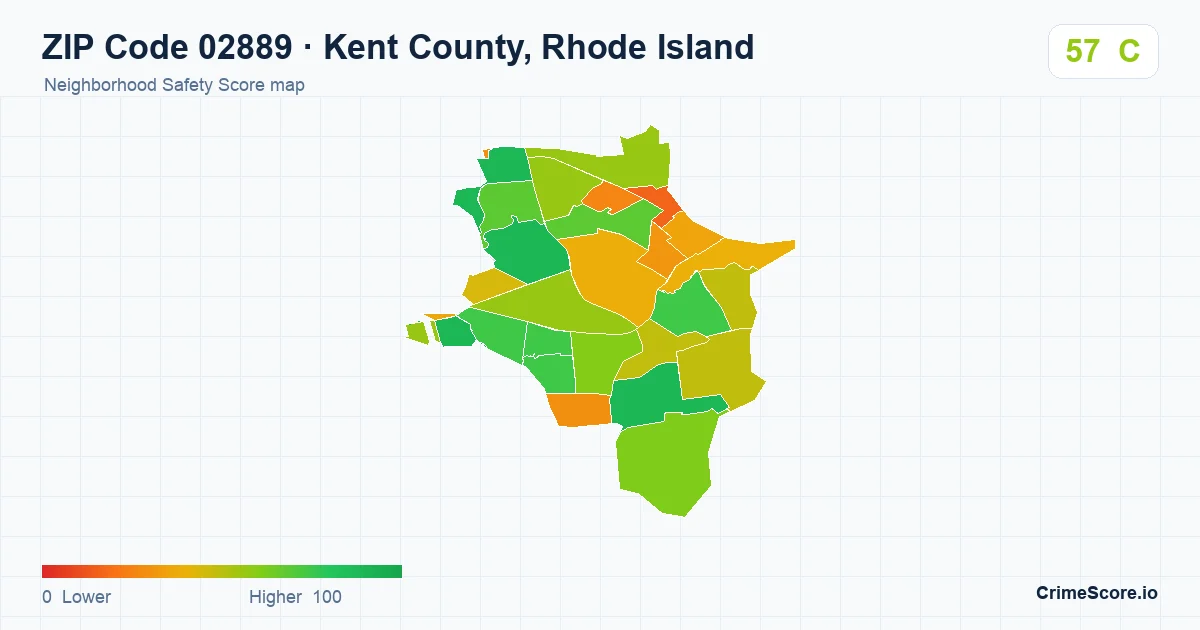 ZIP Code 02889 in Kent County, Rhode Island neighborhood Safety Score map