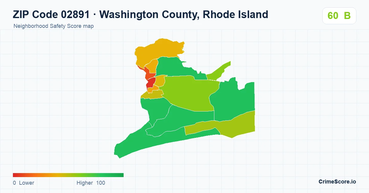 ZIP Code 02891 in Washington County, Rhode Island neighborhood Safety Score map