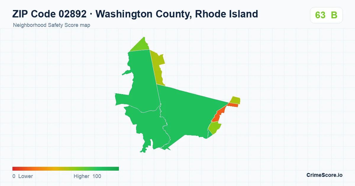 ZIP Code 02892 in Washington County, Rhode Island neighborhood Safety Score map