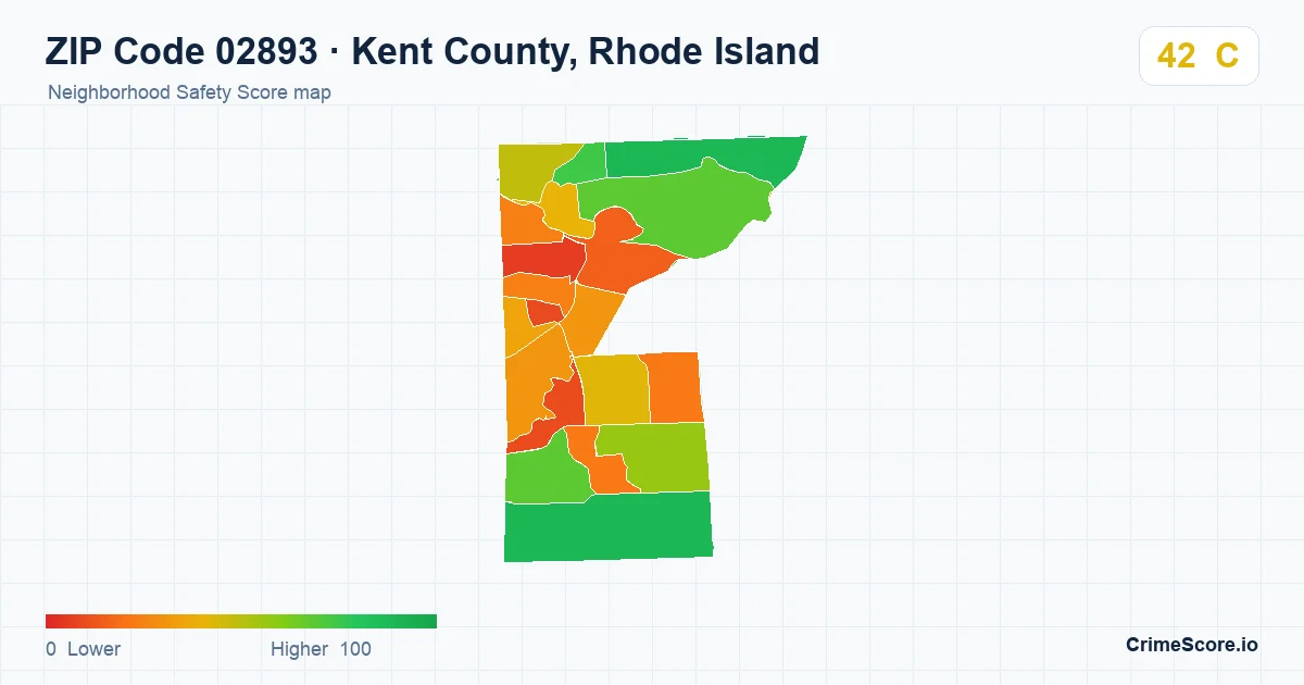ZIP Code 02893 in Kent County, Rhode Island neighborhood Safety Score map