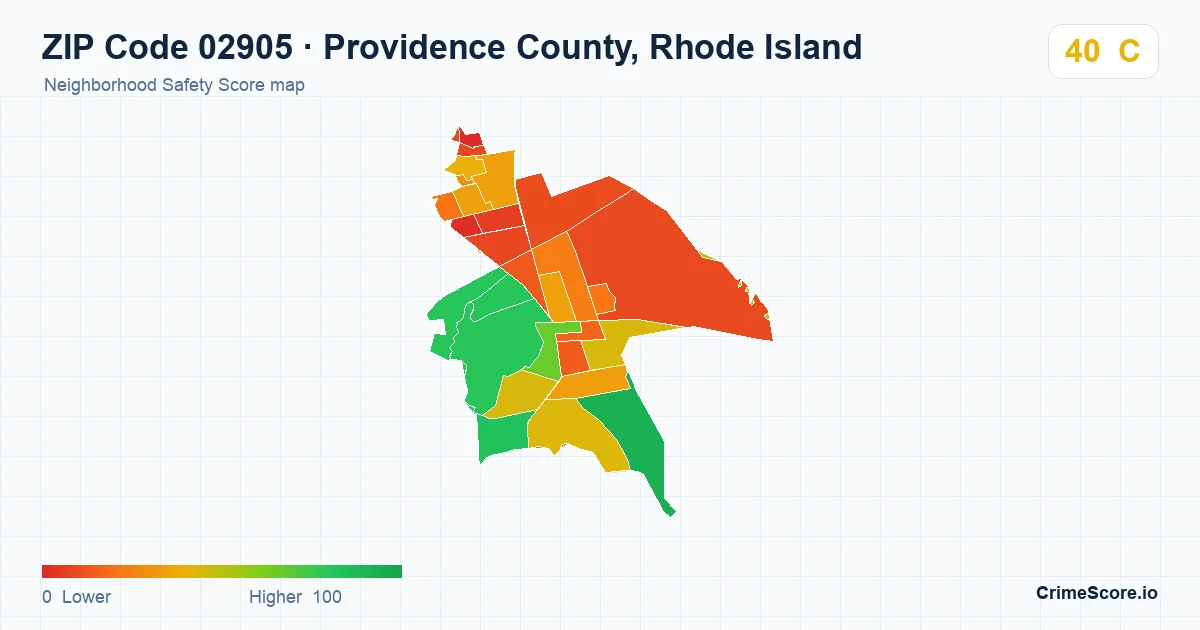 ZIP Code 02905 in Providence County, Rhode Island neighborhood Safety Score map