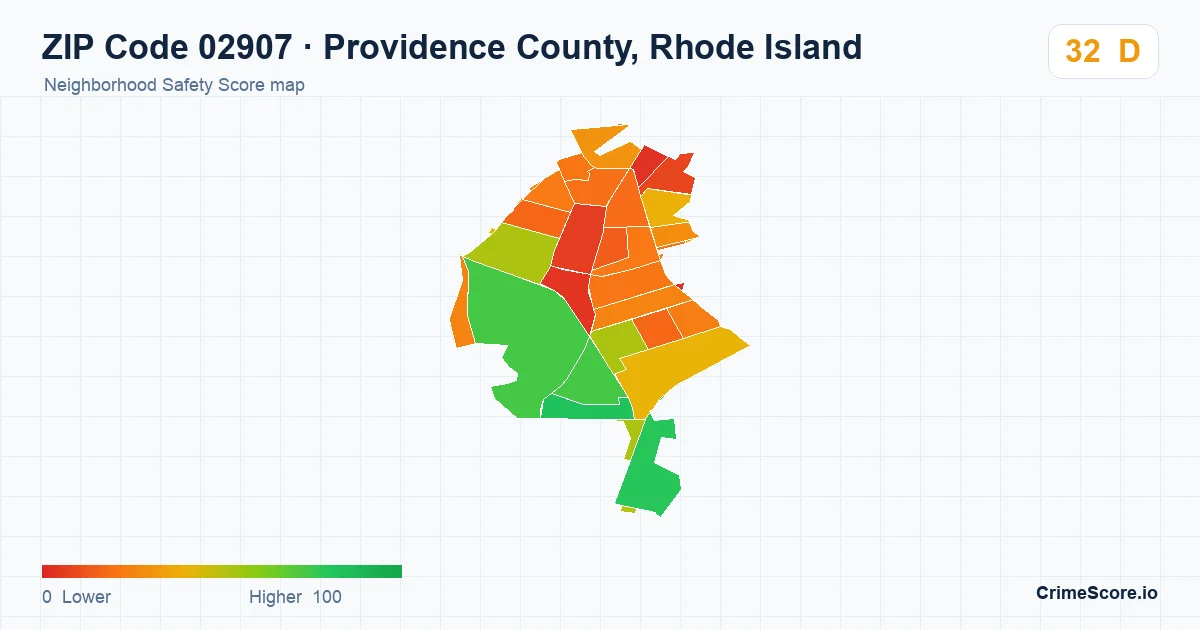 ZIP Code 02907 in Providence County, Rhode Island neighborhood Safety Score map