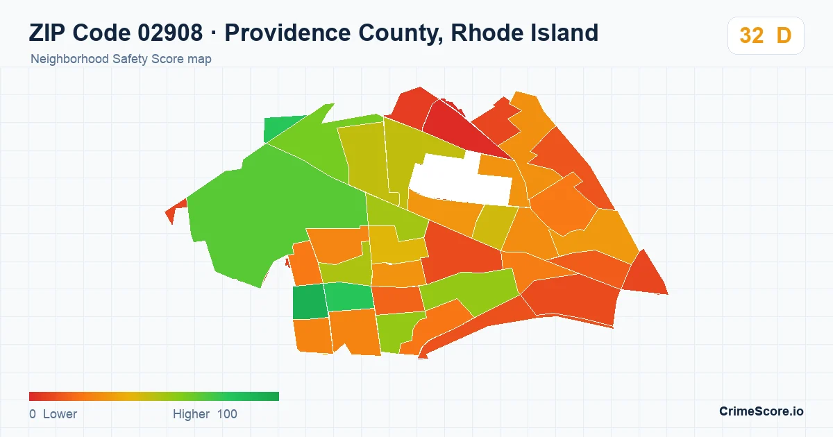 ZIP Code 02908 in Providence County, Rhode Island neighborhood Safety Score map