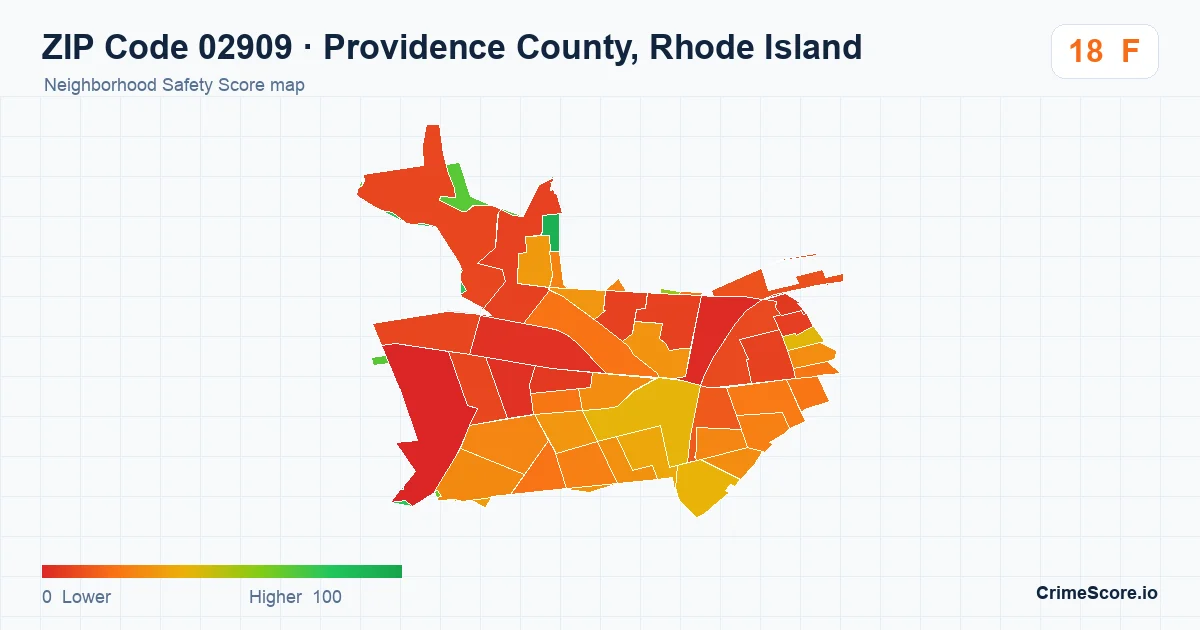 ZIP Code 02909 in Providence County, Rhode Island neighborhood Safety Score map