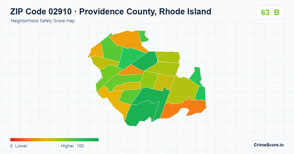 ZIP Code 02910 in Providence County, Rhode Island neighborhood Safety Score map