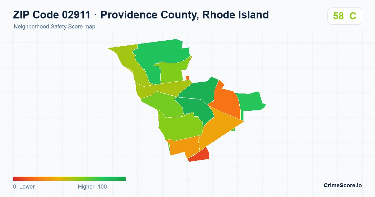 ZIP Code 02911 in Providence County, Rhode Island neighborhood Safety Score map