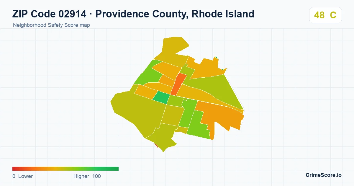 ZIP Code 02914 in Providence County, Rhode Island neighborhood Safety Score map