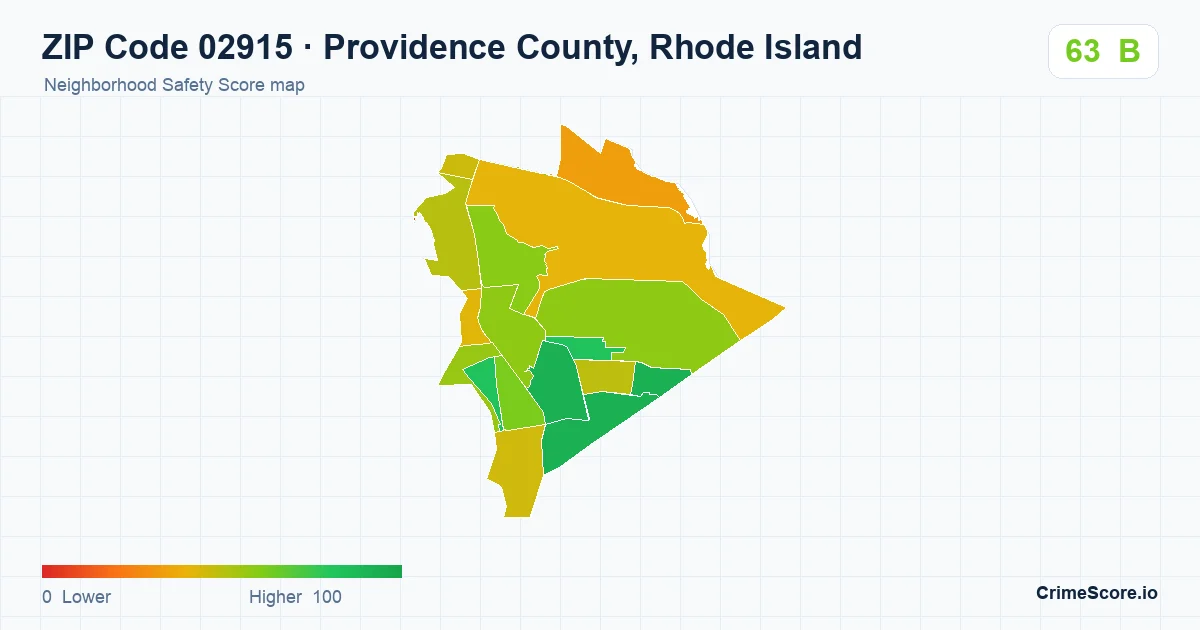 ZIP Code 02915 in Providence County, Rhode Island neighborhood Safety Score map