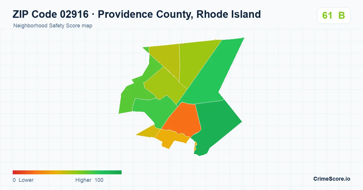 ZIP Code 02916 in Providence County, Rhode Island neighborhood Safety Score map