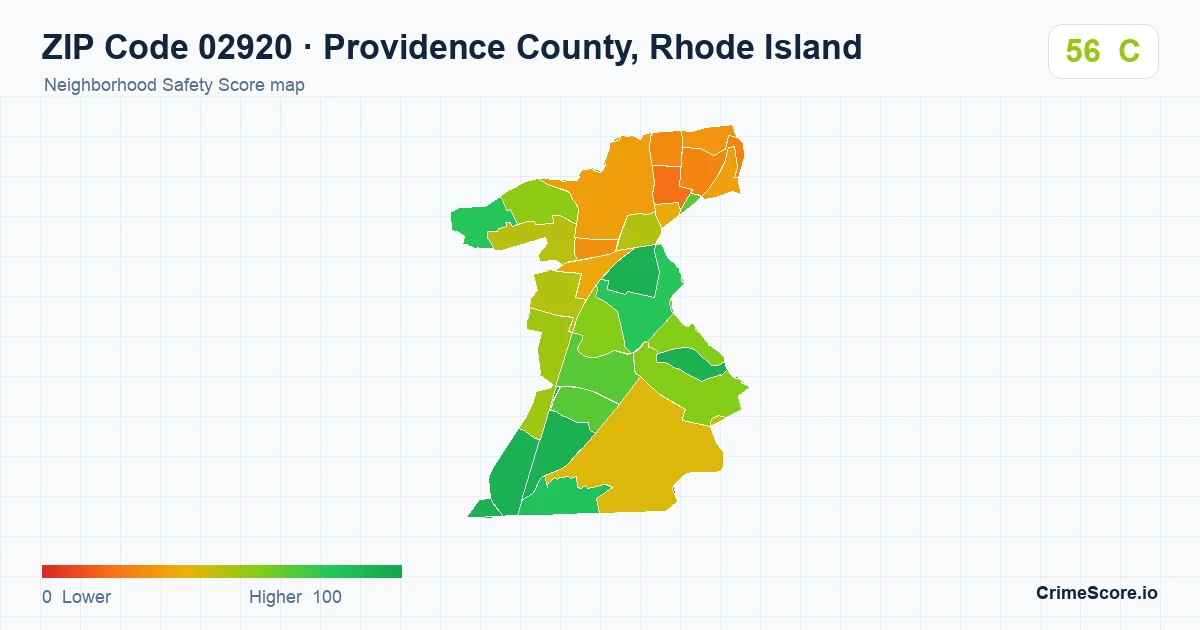 ZIP Code 02920 in Providence County, Rhode Island neighborhood Safety Score map