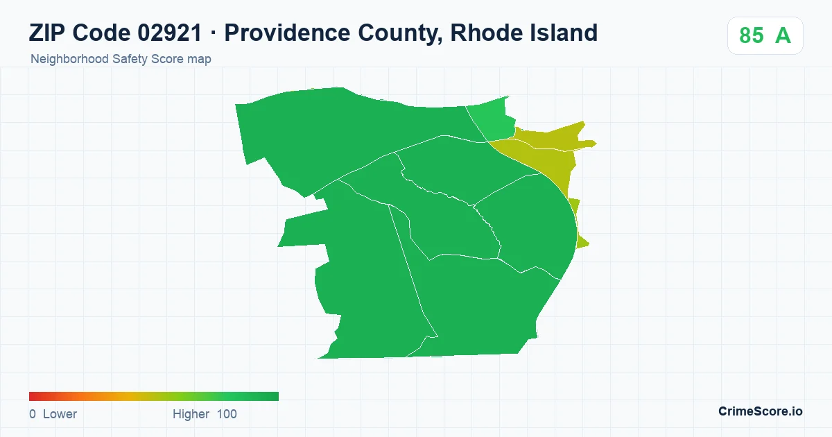 ZIP Code 02921 in Providence County, Rhode Island neighborhood Safety Score map