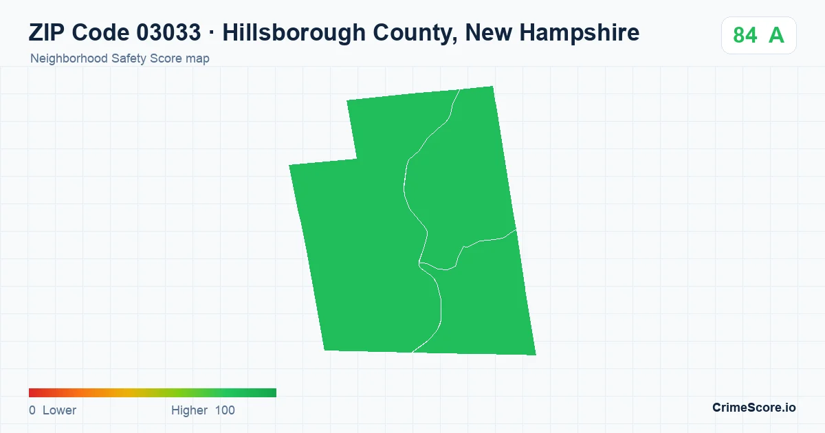 ZIP Code 03033 in Hillsborough County, New Hampshire neighborhood Safety Score map