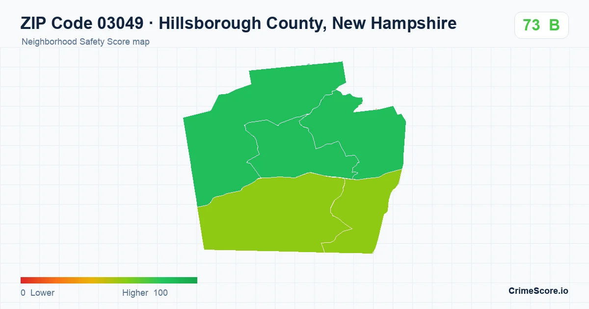 ZIP Code 03049 in Hillsborough County, New Hampshire neighborhood Safety Score map