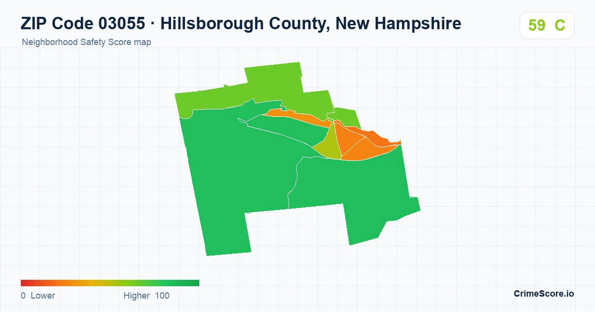 ZIP Code 03055 in Hillsborough County, New Hampshire neighborhood Safety Score map