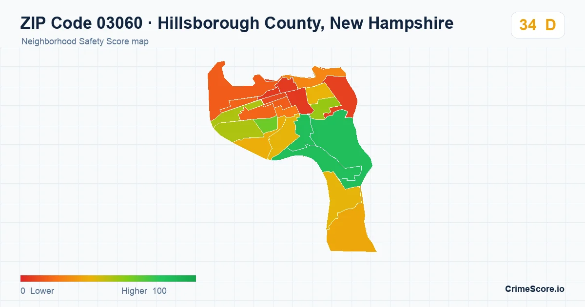 ZIP Code 03060 in Hillsborough County, New Hampshire neighborhood Safety Score map