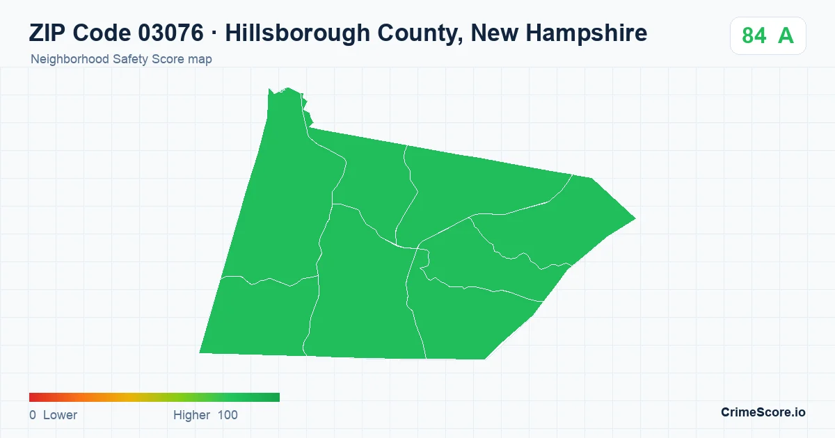 ZIP Code 03076 in Hillsborough County, New Hampshire neighborhood Safety Score map