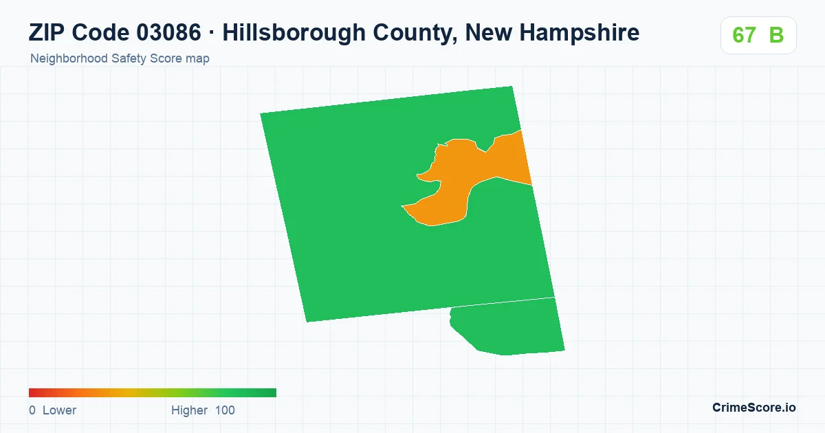ZIP Code 03086 in Hillsborough County, New Hampshire neighborhood Safety Score map