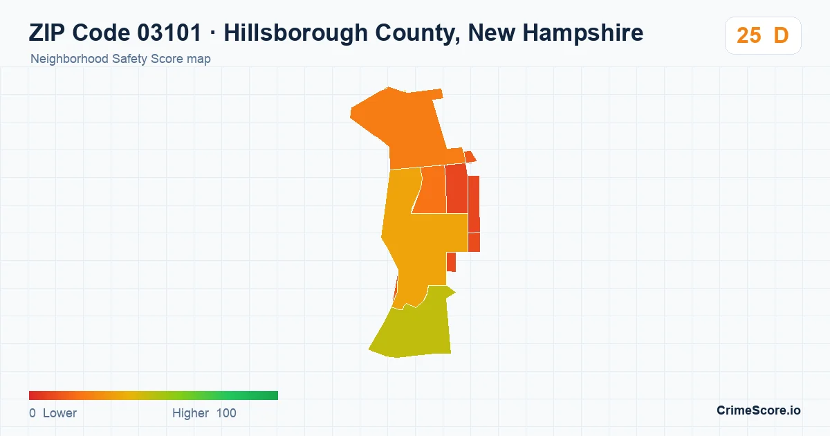 ZIP Code 03101 in Hillsborough County, New Hampshire neighborhood Safety Score map