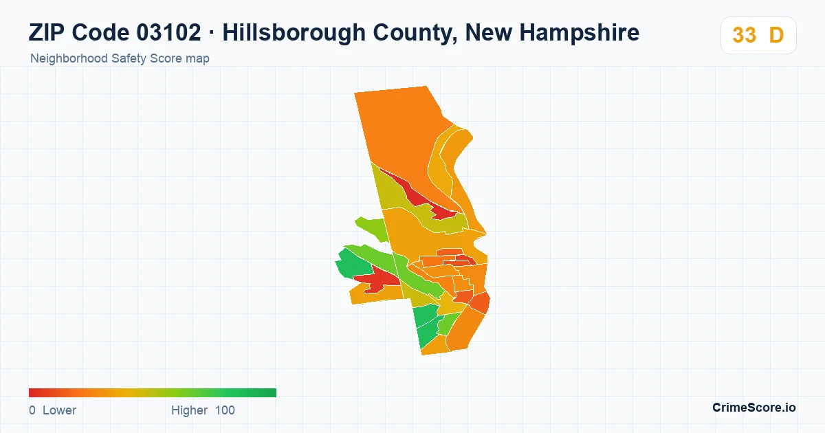 ZIP Code 03102 in Hillsborough County, New Hampshire neighborhood Safety Score map