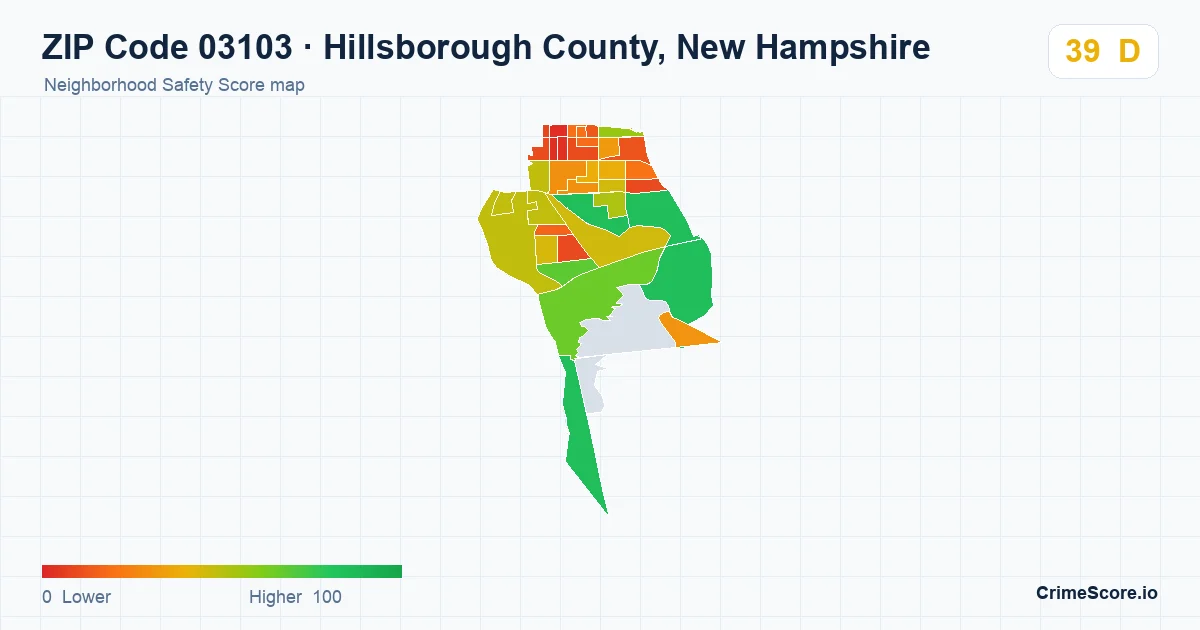 ZIP Code 03103 in Hillsborough County, New Hampshire neighborhood Safety Score map