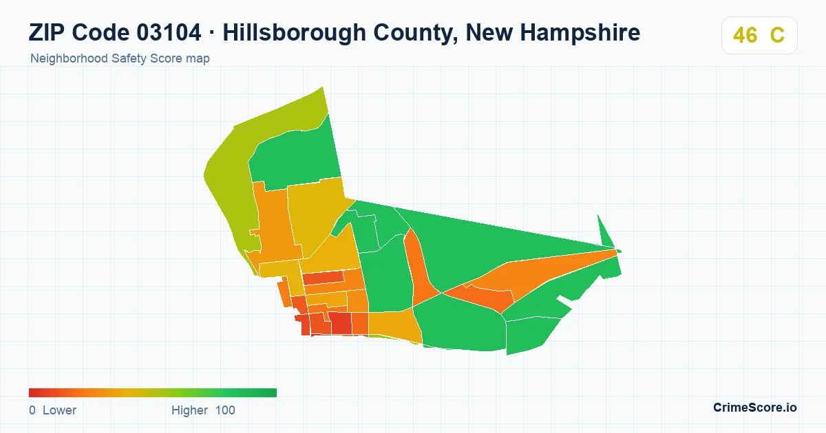 ZIP Code 03104 in Hillsborough County, New Hampshire neighborhood Safety Score map