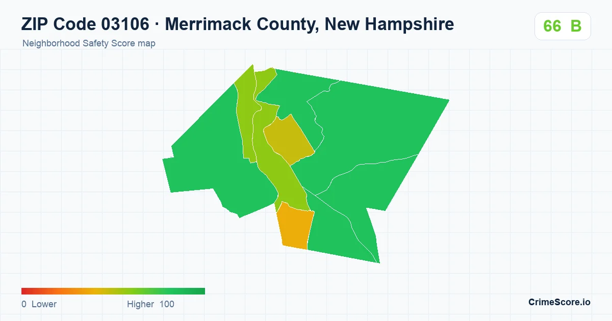 ZIP Code 03106 in Merrimack County, New Hampshire neighborhood Safety Score map
