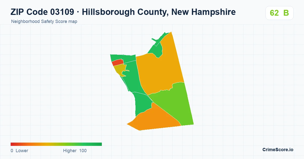 ZIP Code 03109 in Hillsborough County, New Hampshire neighborhood Safety Score map