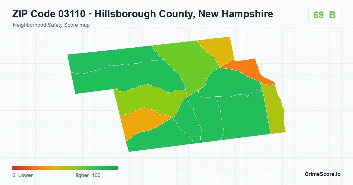 ZIP Code 03110 in Hillsborough County, New Hampshire neighborhood Safety Score map