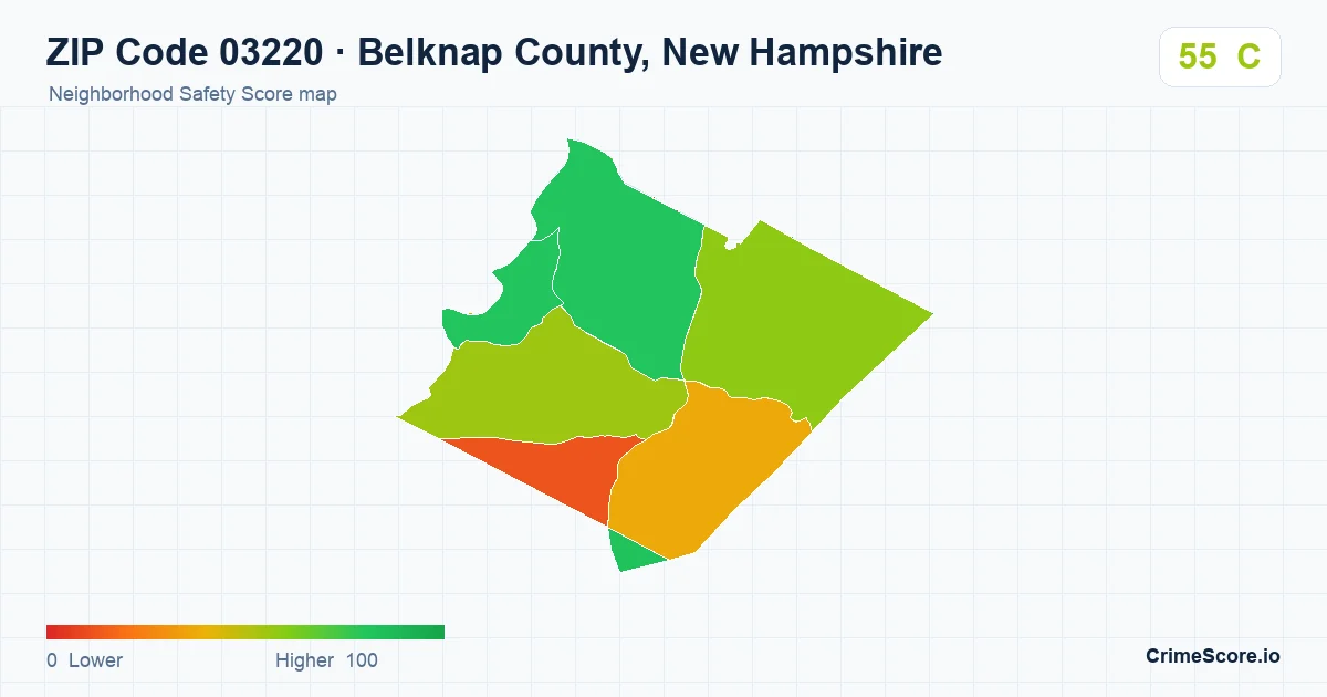 ZIP Code 03220 in Belknap County, New Hampshire neighborhood Safety Score map