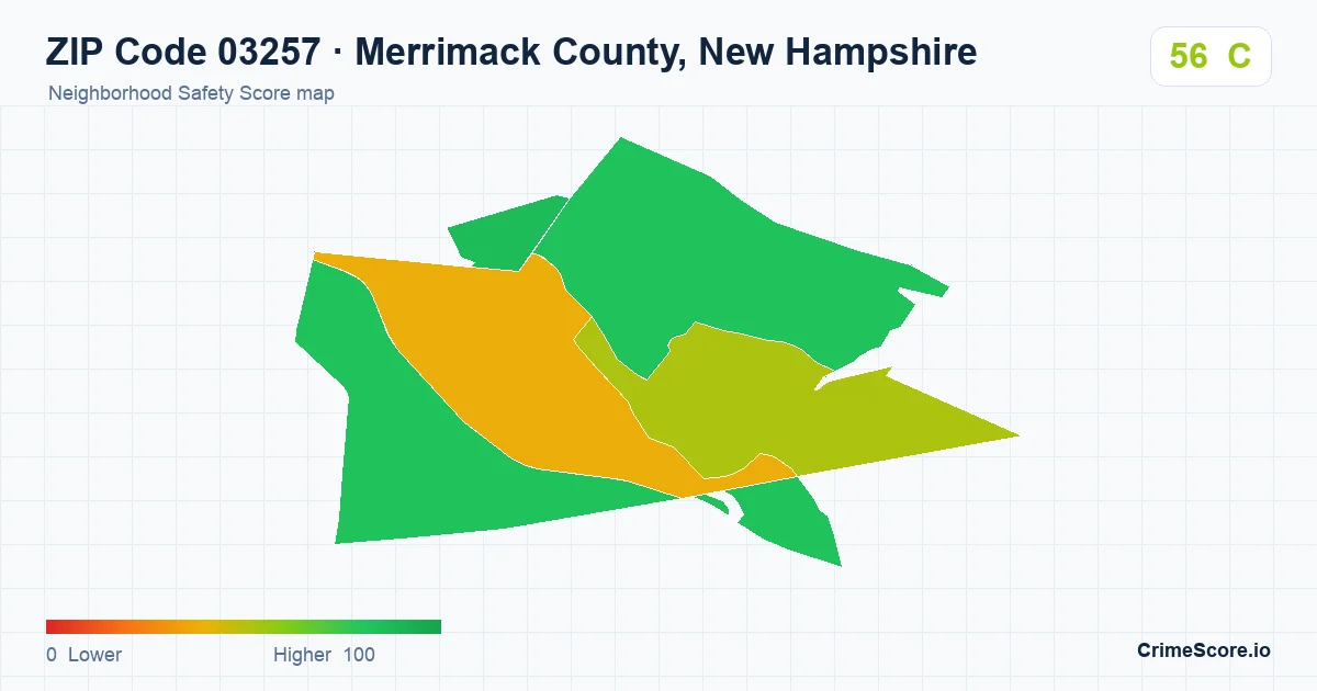 ZIP Code 03257 in Merrimack County, New Hampshire neighborhood Safety Score map
