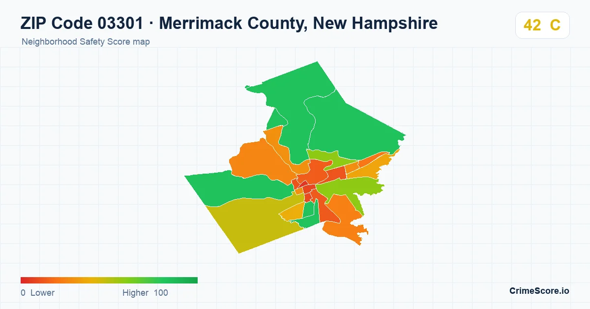 ZIP Code 03301 in Merrimack County, New Hampshire neighborhood Safety Score map
