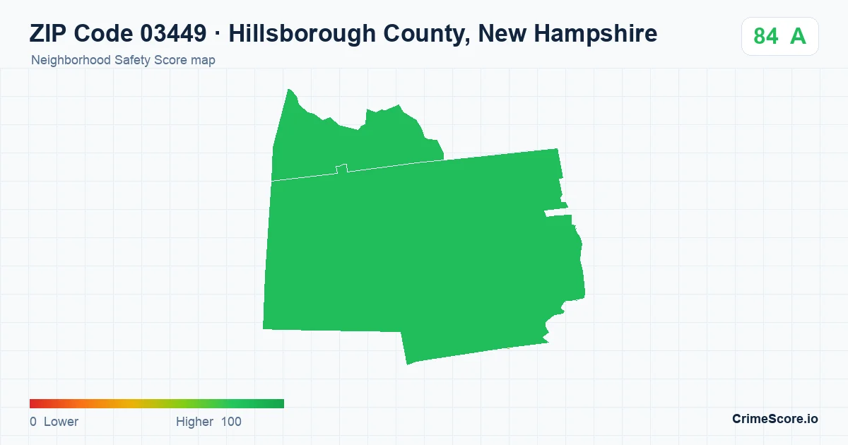 ZIP Code 03449 in Hillsborough County, New Hampshire neighborhood Safety Score map