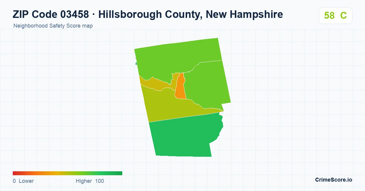 ZIP Code 03458 in Hillsborough County, New Hampshire neighborhood Safety Score map