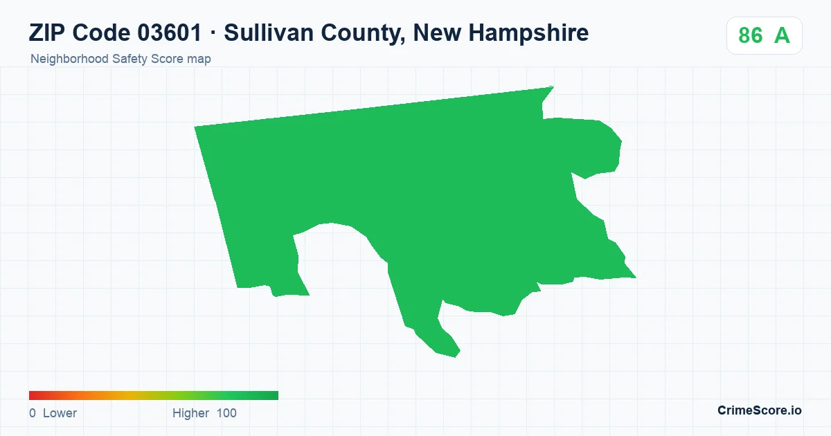 ZIP Code 03601 in Sullivan County, New Hampshire neighborhood Safety Score map
