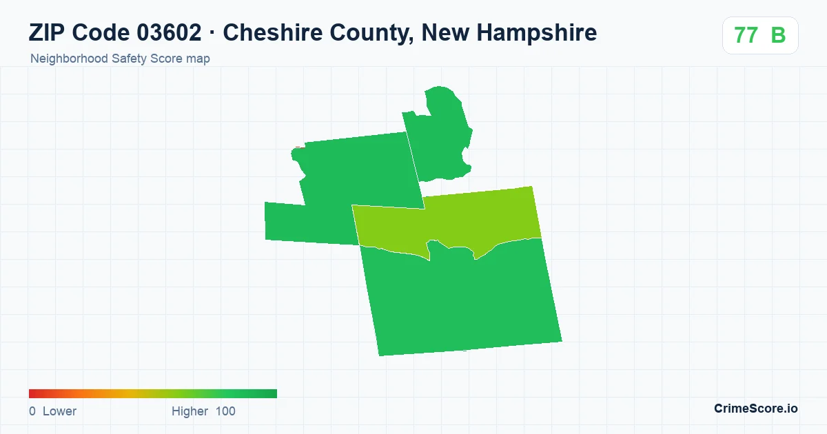ZIP Code 03602 in Cheshire County, New Hampshire neighborhood Safety Score map