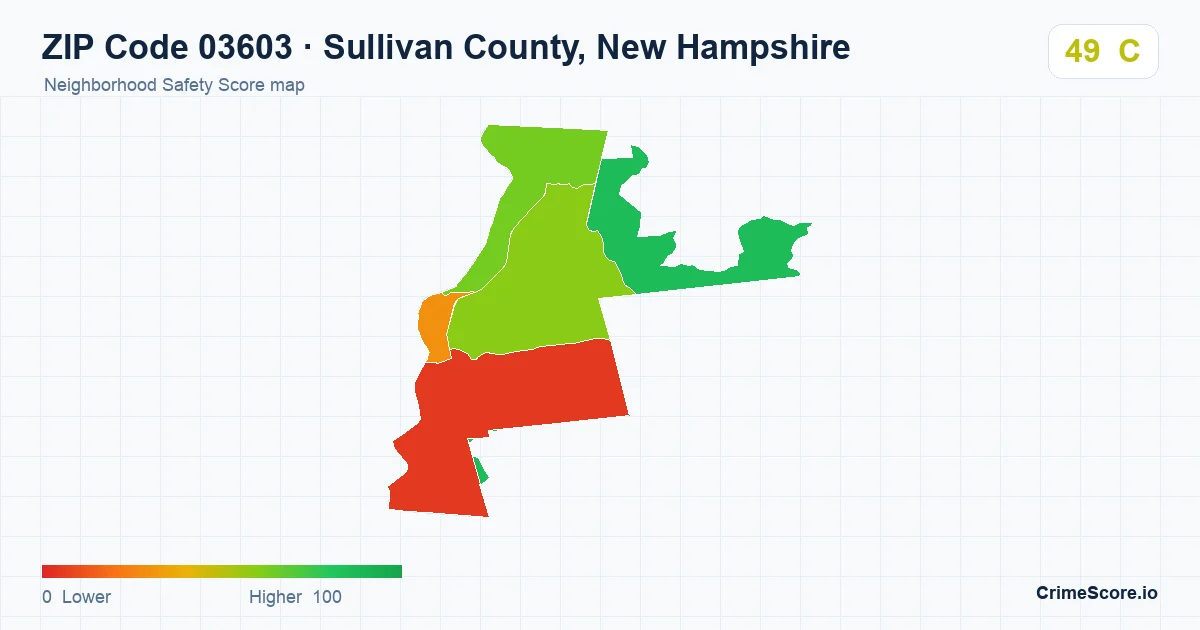ZIP Code 03603 in Sullivan County, New Hampshire neighborhood Safety Score map