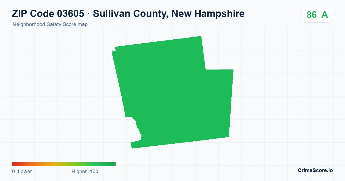 ZIP Code 03605 in Sullivan County, New Hampshire neighborhood Safety Score map