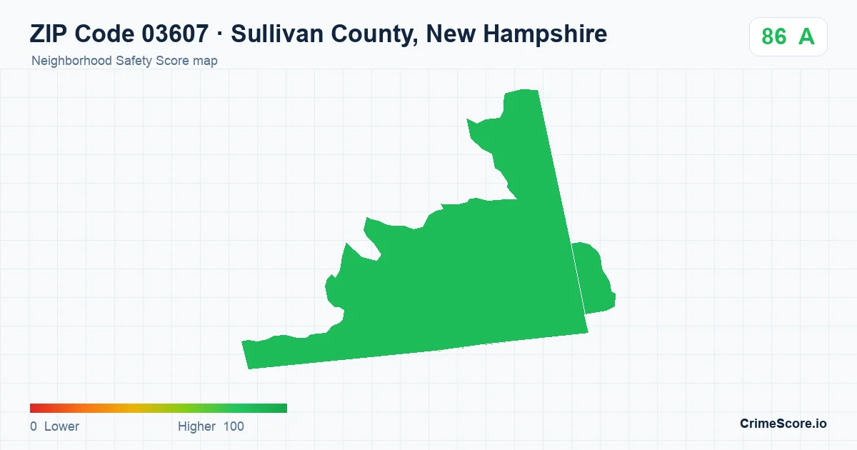ZIP Code 03607 in Sullivan County, New Hampshire neighborhood Safety Score map