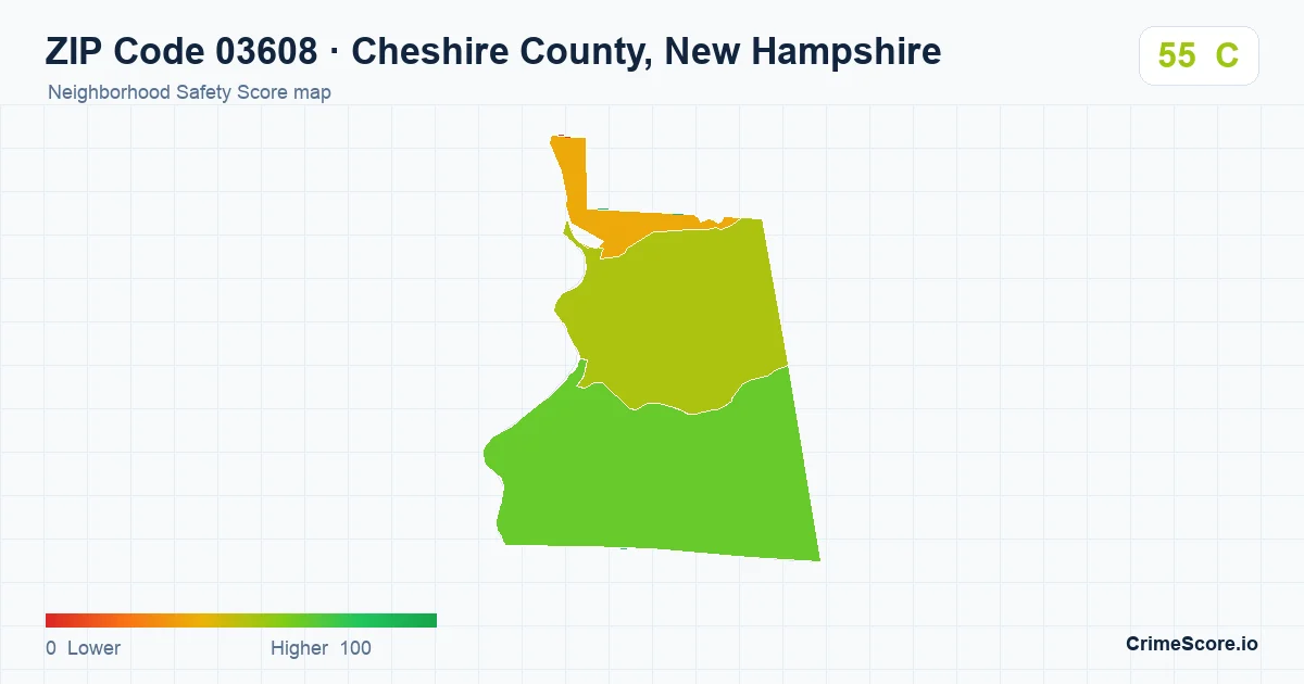 ZIP Code 03608 in Cheshire County, New Hampshire neighborhood Safety Score map