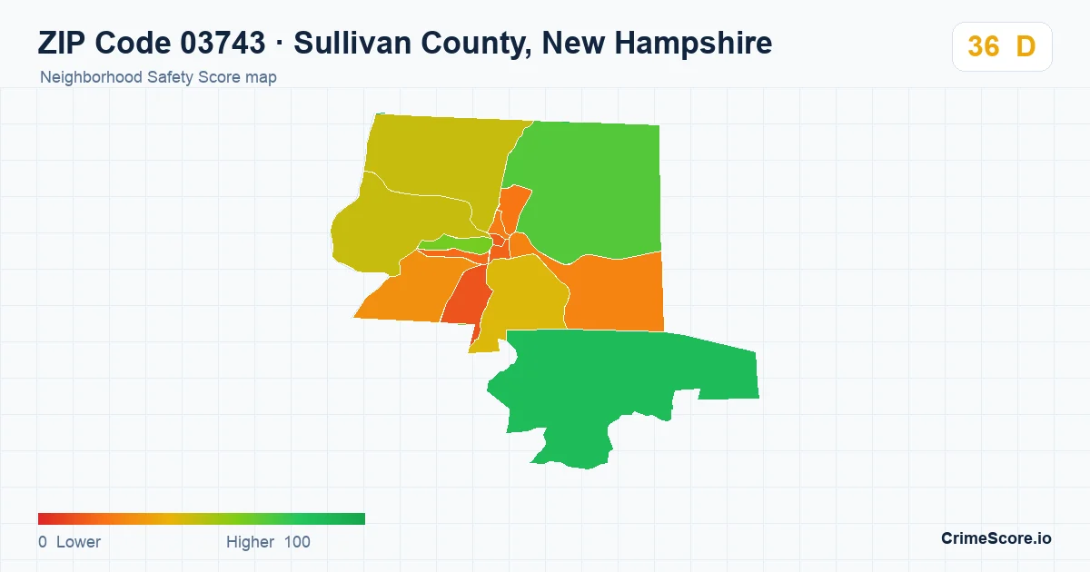 ZIP Code 03743 in Sullivan County, New Hampshire neighborhood Safety Score map