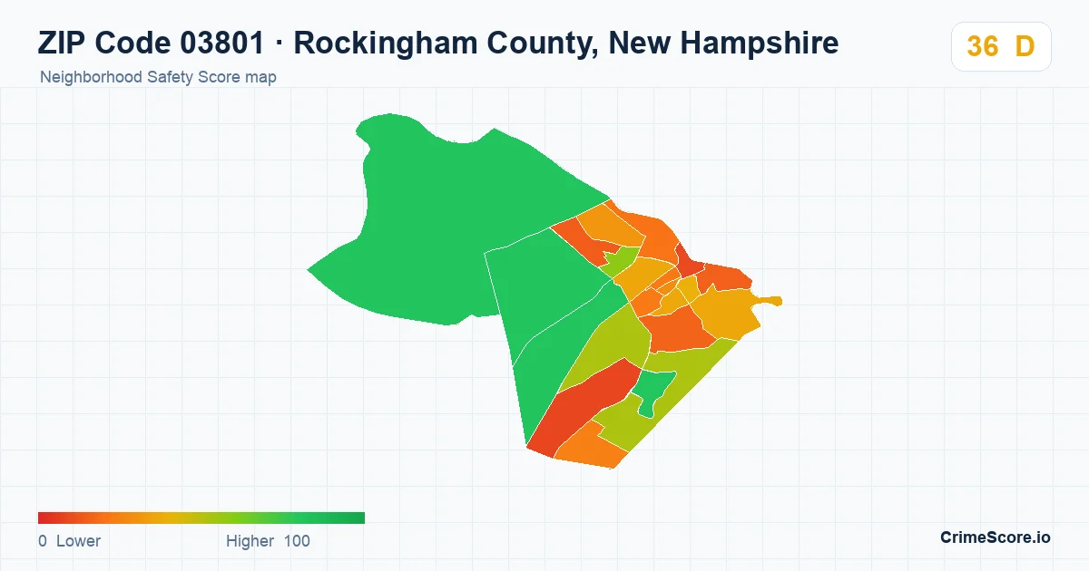 ZIP Code 03801 in Rockingham County, New Hampshire neighborhood Safety Score map