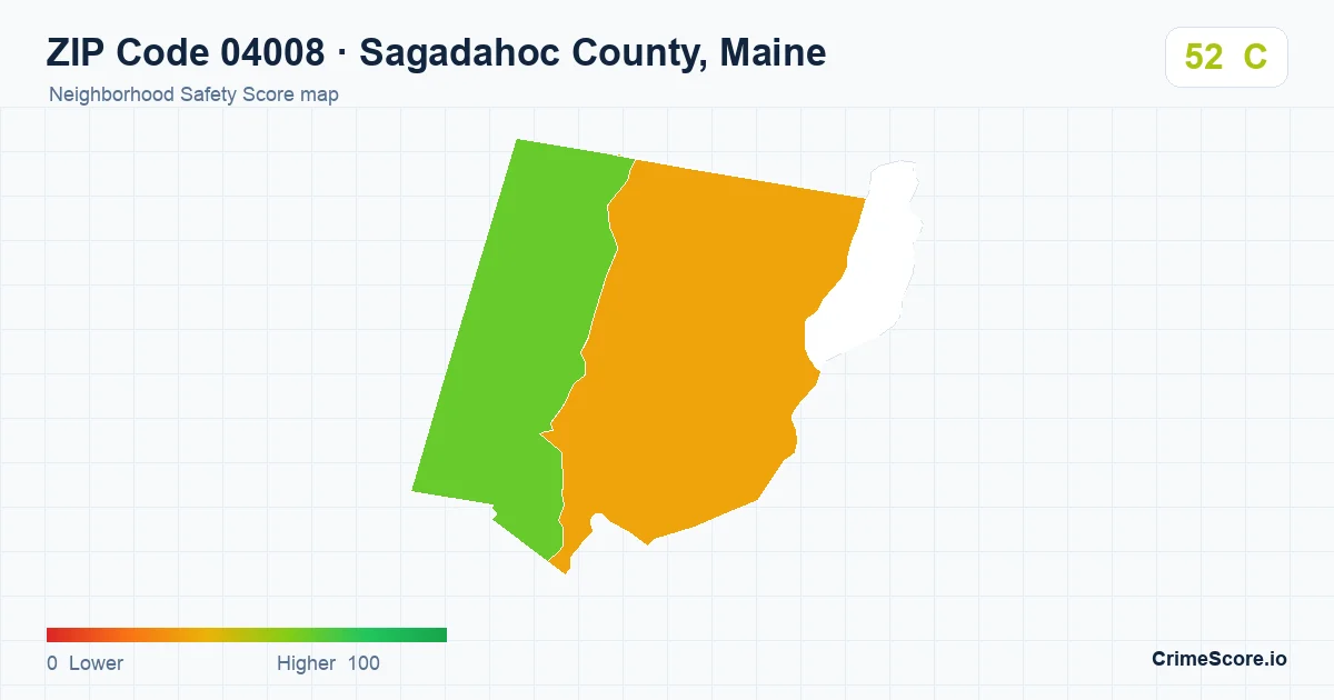 ZIP Code 04008 in Sagadahoc County, Maine neighborhood Safety Score map