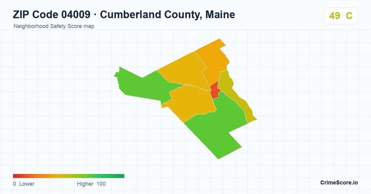 ZIP Code 04009 in Cumberland County, Maine neighborhood Safety Score map