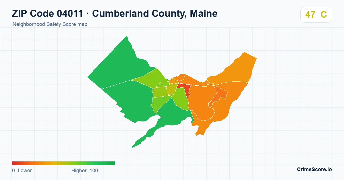 ZIP Code 04011 in Cumberland County, Maine neighborhood Safety Score map