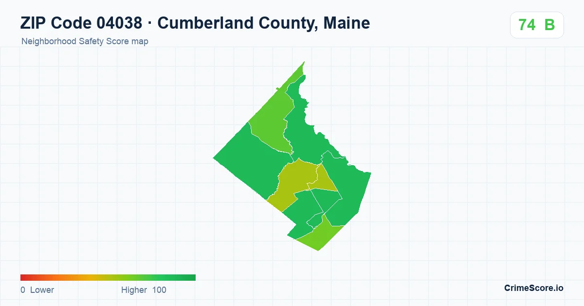 ZIP Code 04038 in Cumberland County, Maine neighborhood Safety Score map